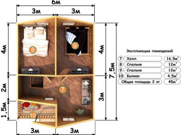 Дачный каркасный дом 6х7.5. Проект Д-28